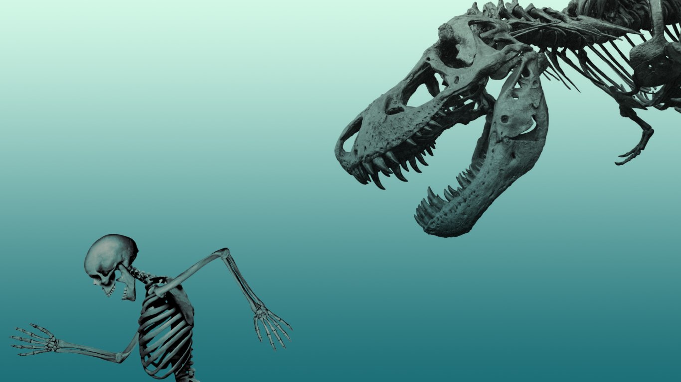 Скелет динозавра гонится за скелетом человека