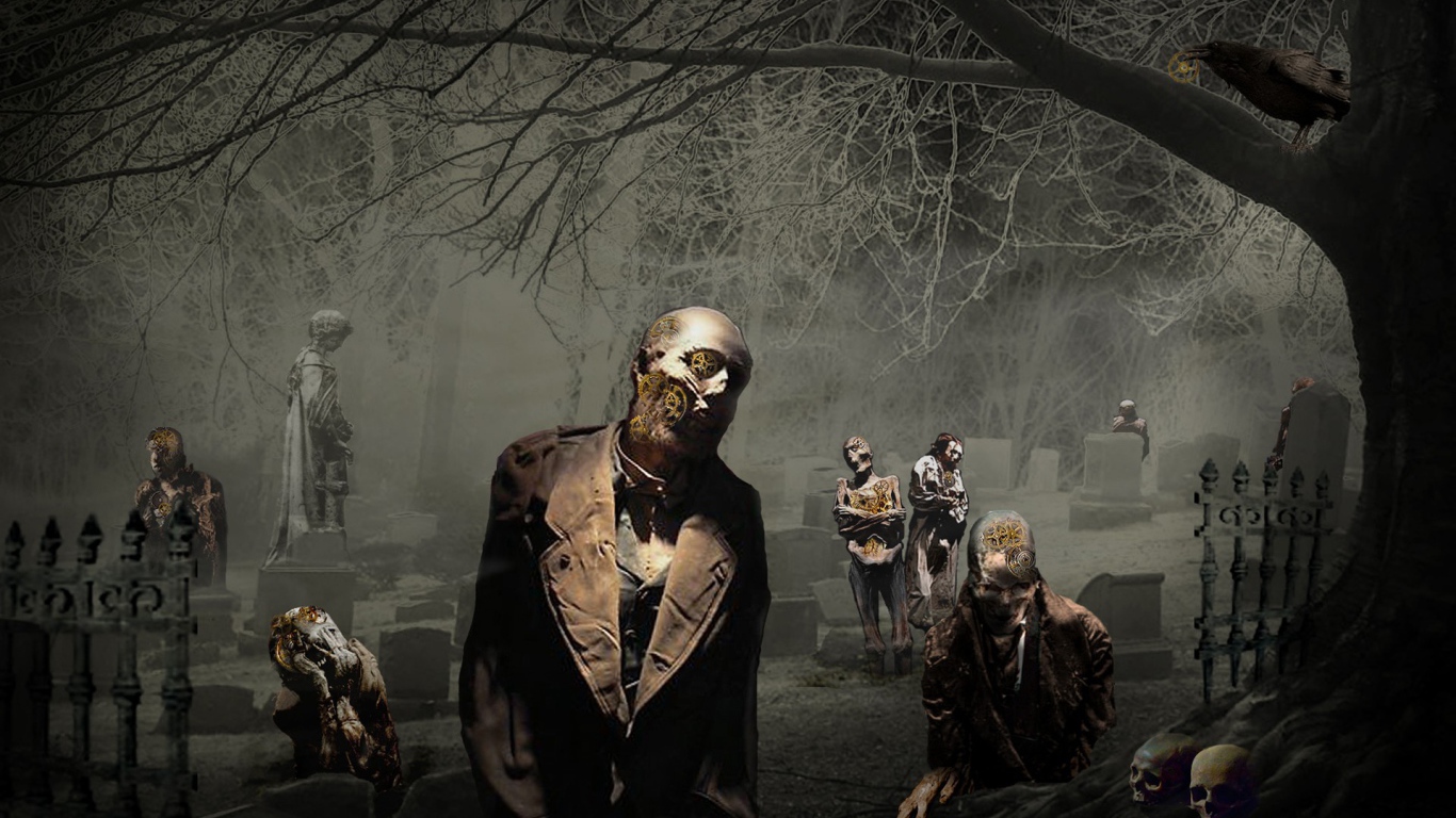 Зомби среди памятников на кладбище