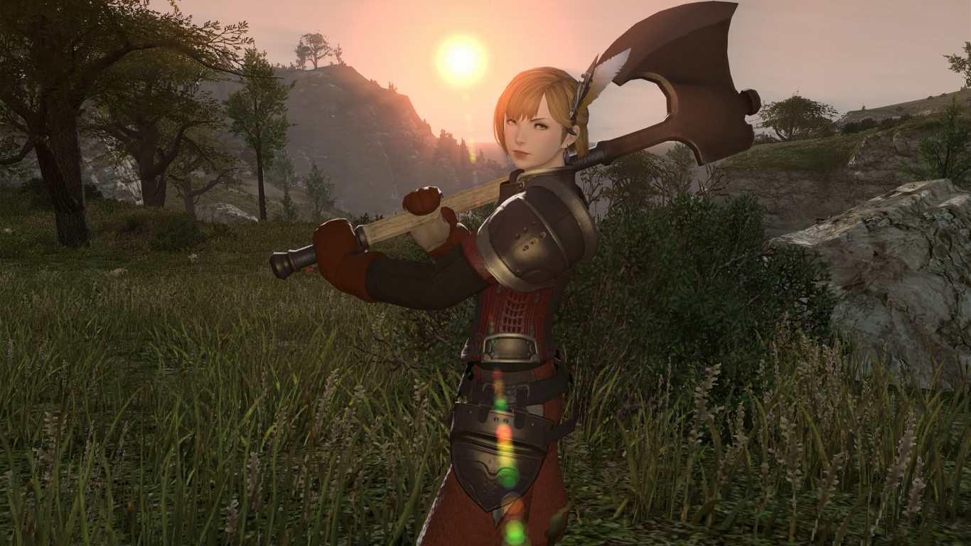 Топор на плече девушки из игры Final Fantasy XIV