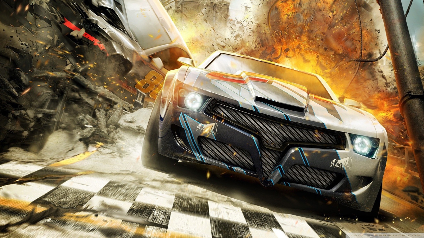 Взрывы позади автомобиля из игры