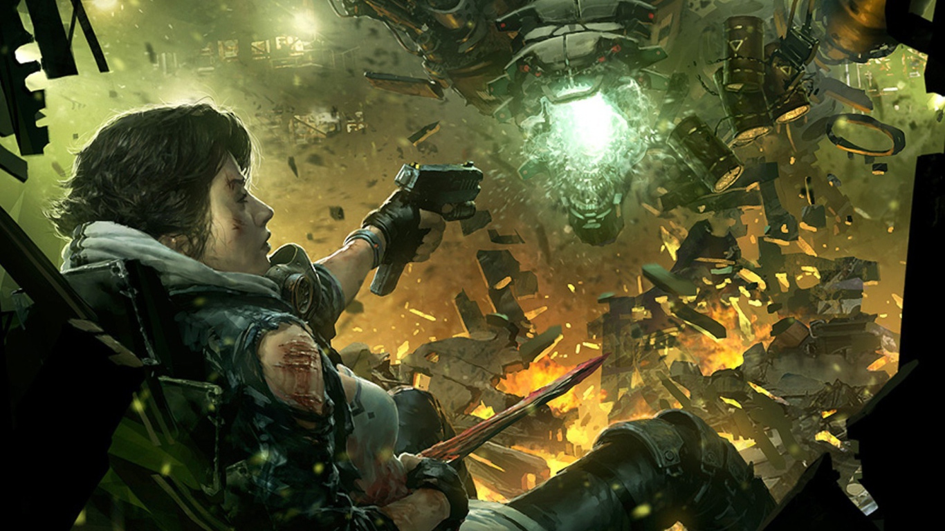 Девушка стреляет в робота в игре Shadowrun Returns