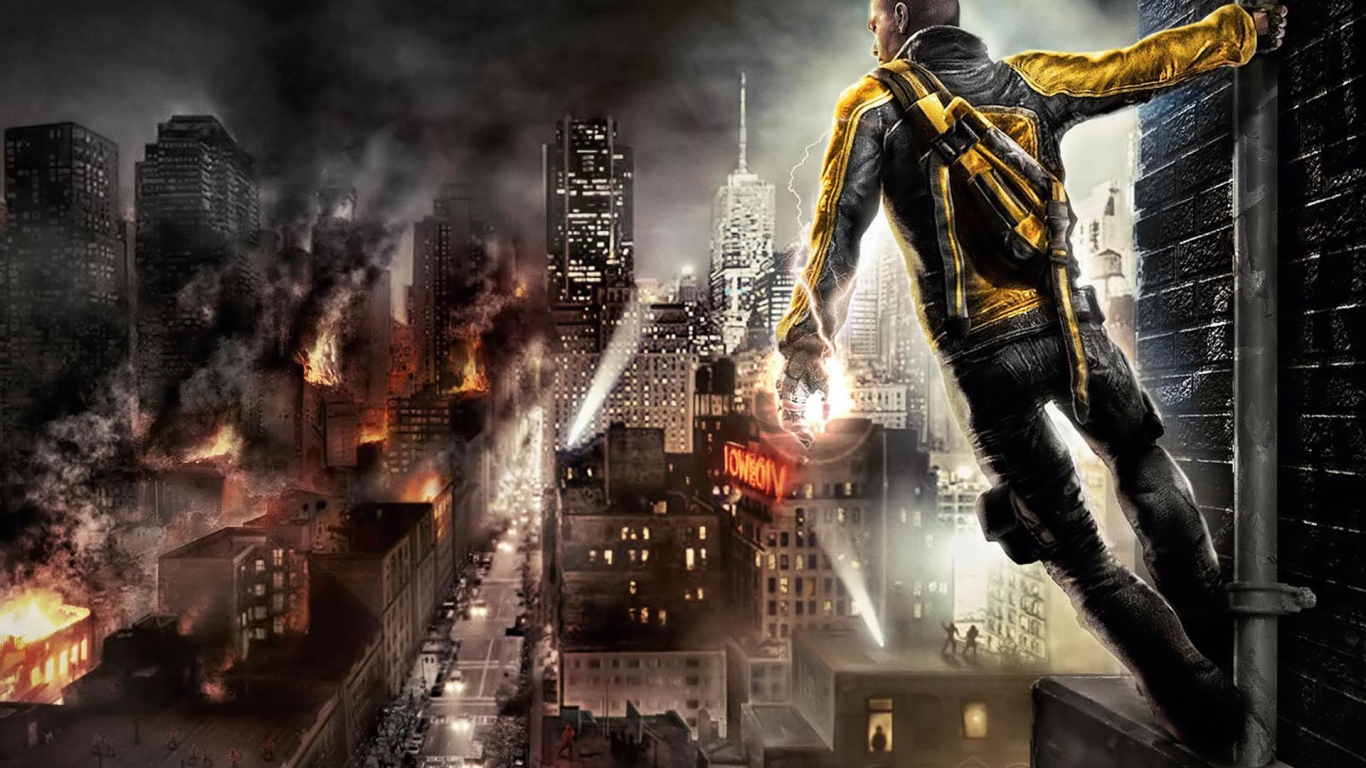 Герой видеоигры смотрит на пылающий город