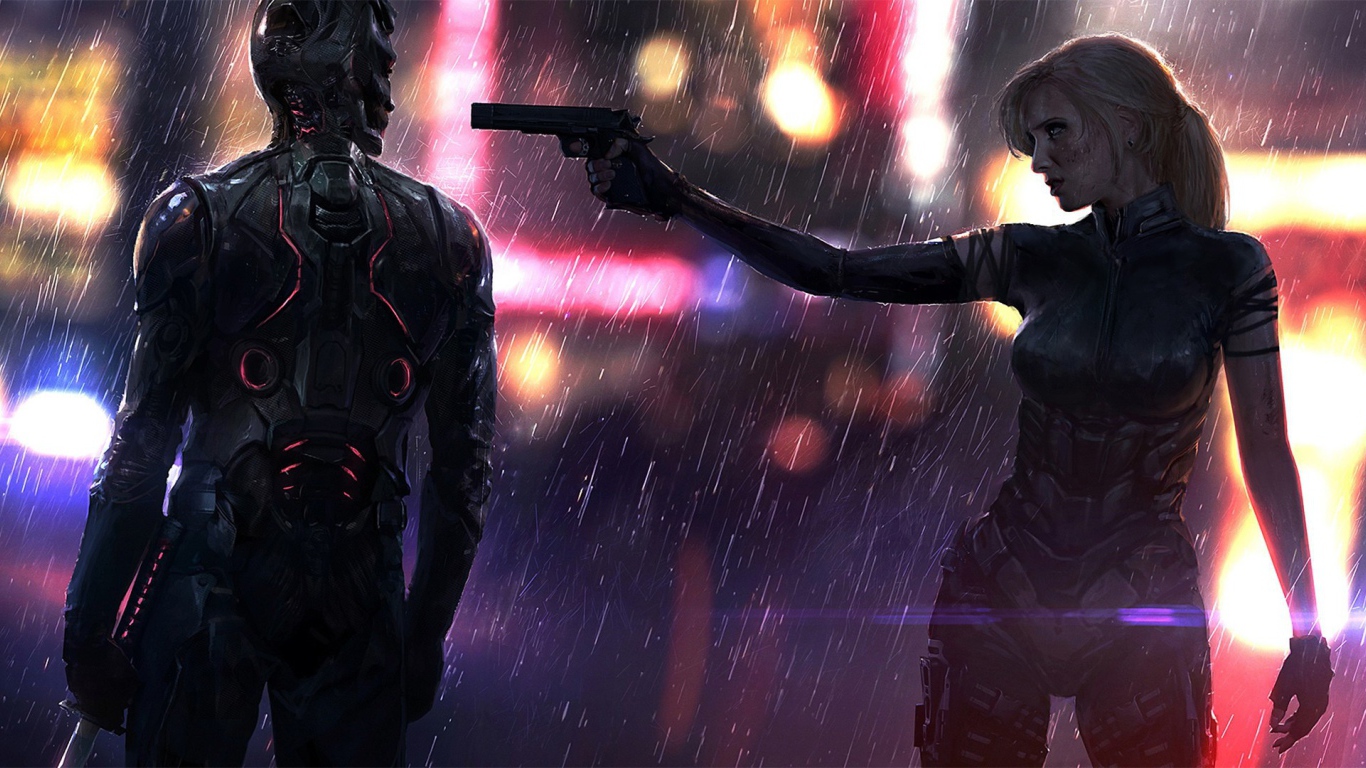 Человек и робот в игре Cyberpunk 2077