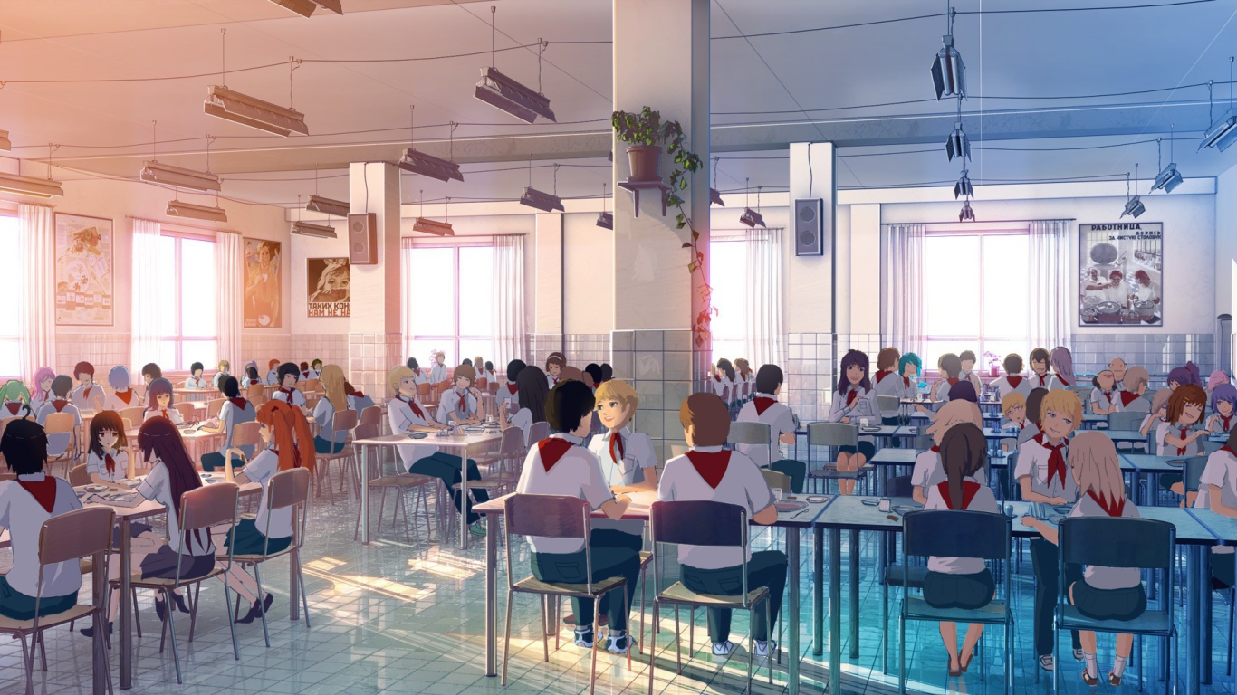 Пионеры в столовой в игре Бесконечное лето