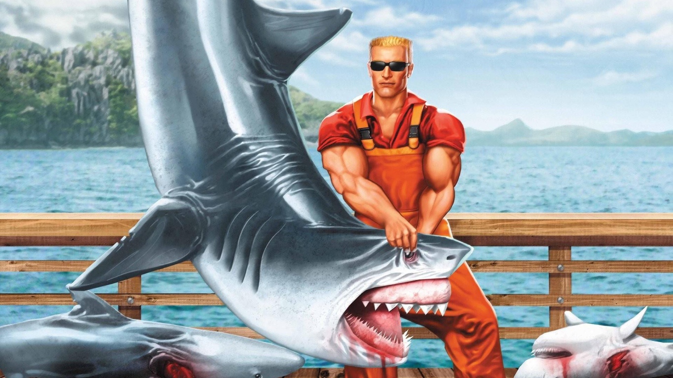 Герой игры Duke Nukem с акулой