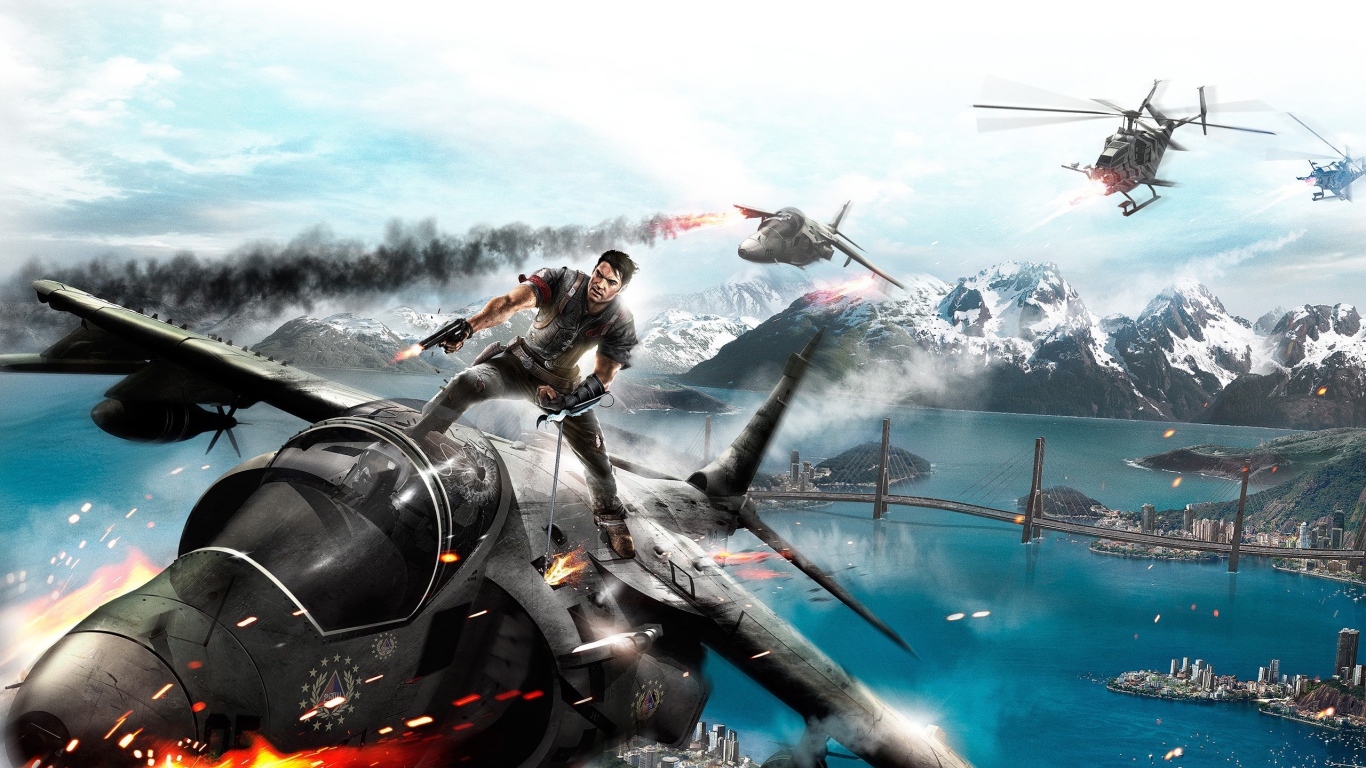 Герой игры Just Cause 2 на крыше истребителя