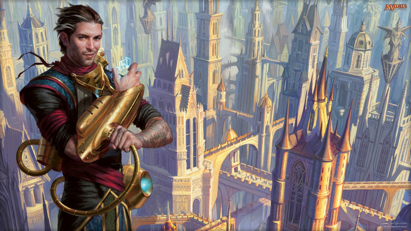Герой игры Magic the Gathering на фоне города