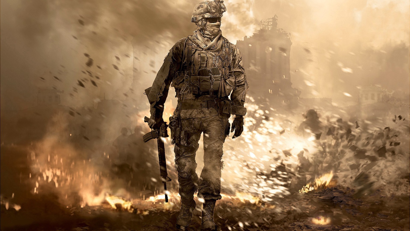 Солдат на фоне руин, игра Call of Duty Modern Warfare 2