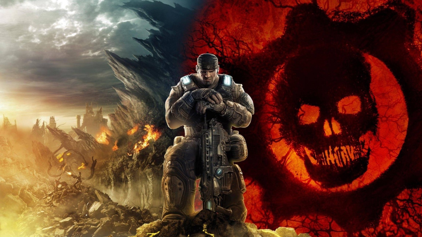 Воин на фоне флага в игре Gears of War