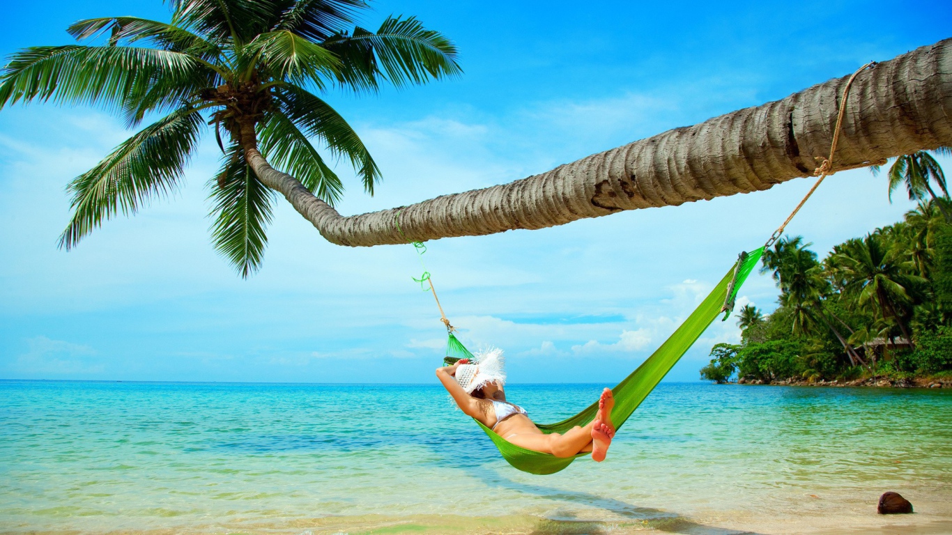 Девушка в зеленом гамаке под пальмой