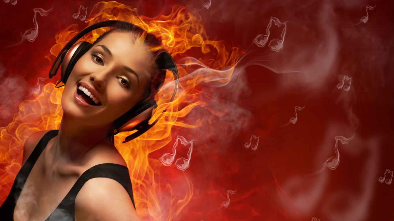 Девушка в огне слушает музыку