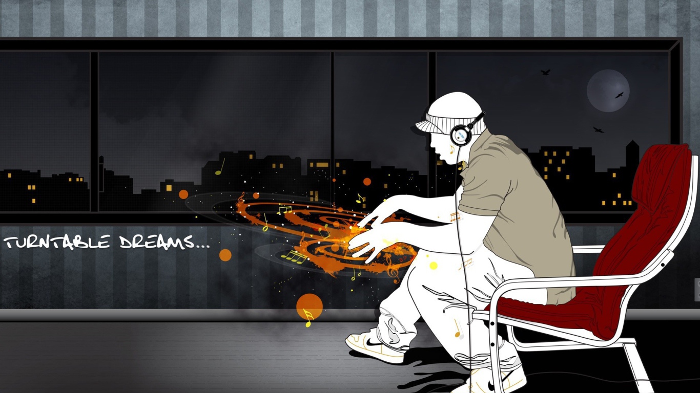 Диджей наушниках с воображаемым пультом