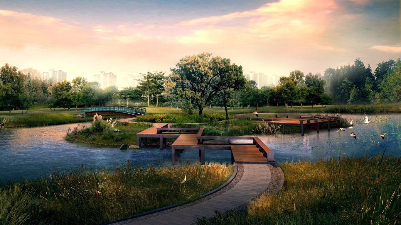 Деревянные мосты через реку в парке