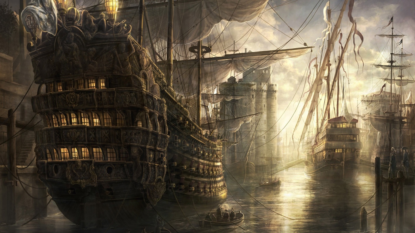 Старинные парусные корабли в порту