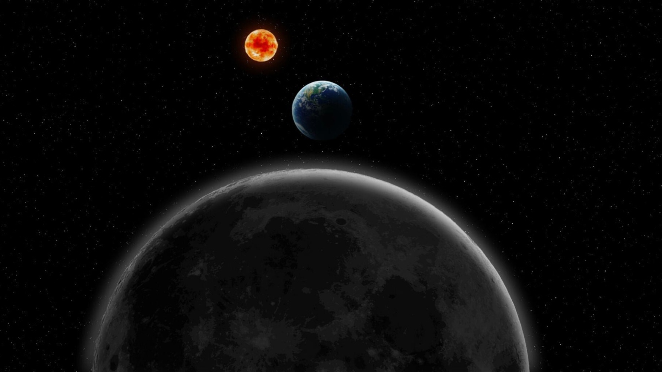 Луна, Земля и Солнце на фоне звезд