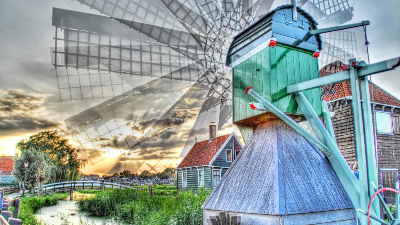 Вращение лопастей деревянной мельницы