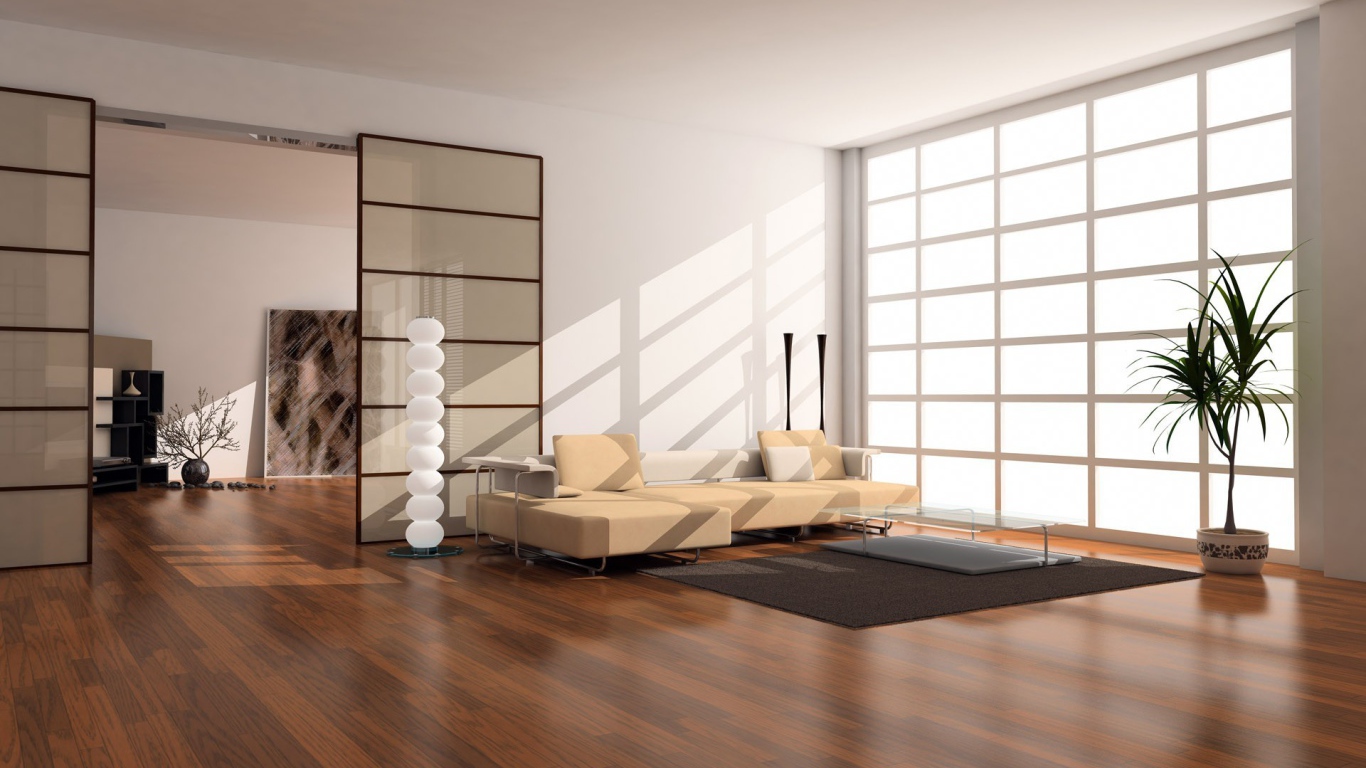 Лучи солнца освещают гостиную, оформленную в стиле минимализма