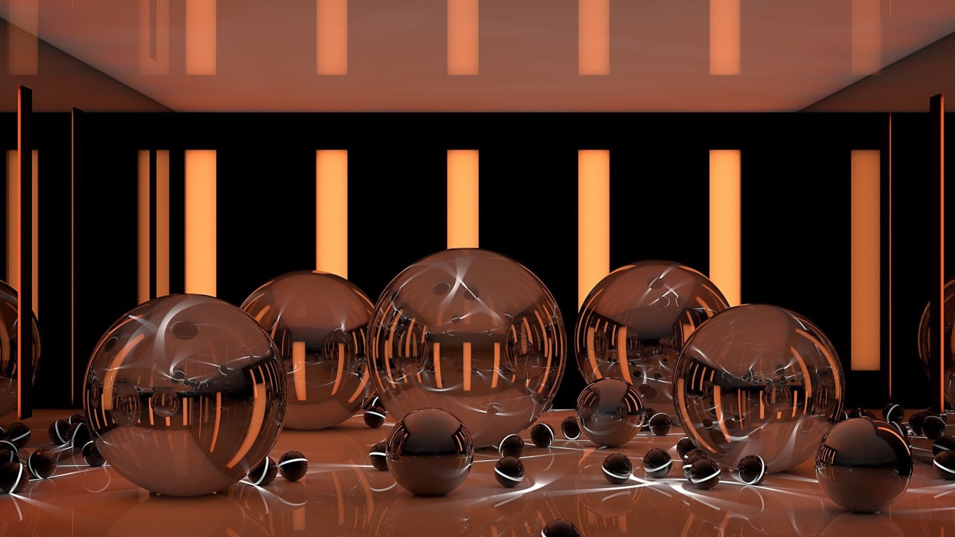 Глянцевые шары на поверхности с неоновыми полосками 