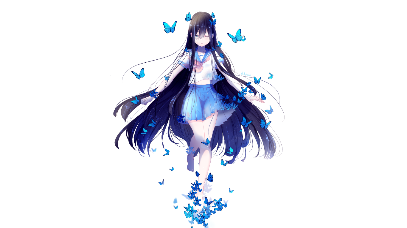 Девушка аниме с длинными волосами с голубыми бабочками на белом фоне