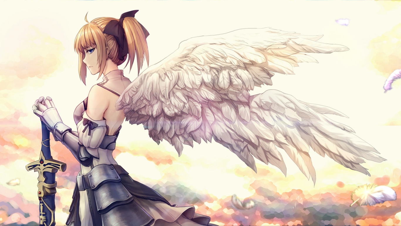 Девушка аниме с белыми крыльями ангела 