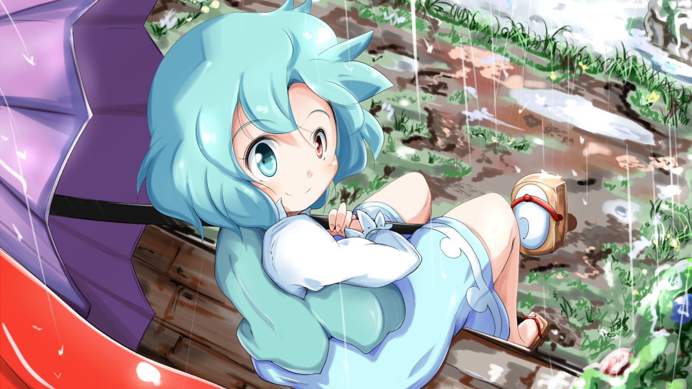 Девушка с голубыми волосами под дождем аниме Touhou 