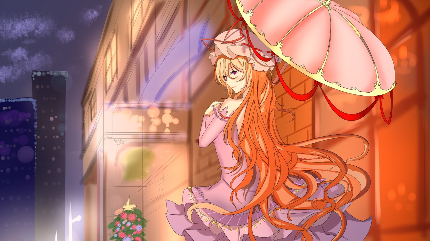 Девушка с рыжими волосами под розовым зонтом аниме 