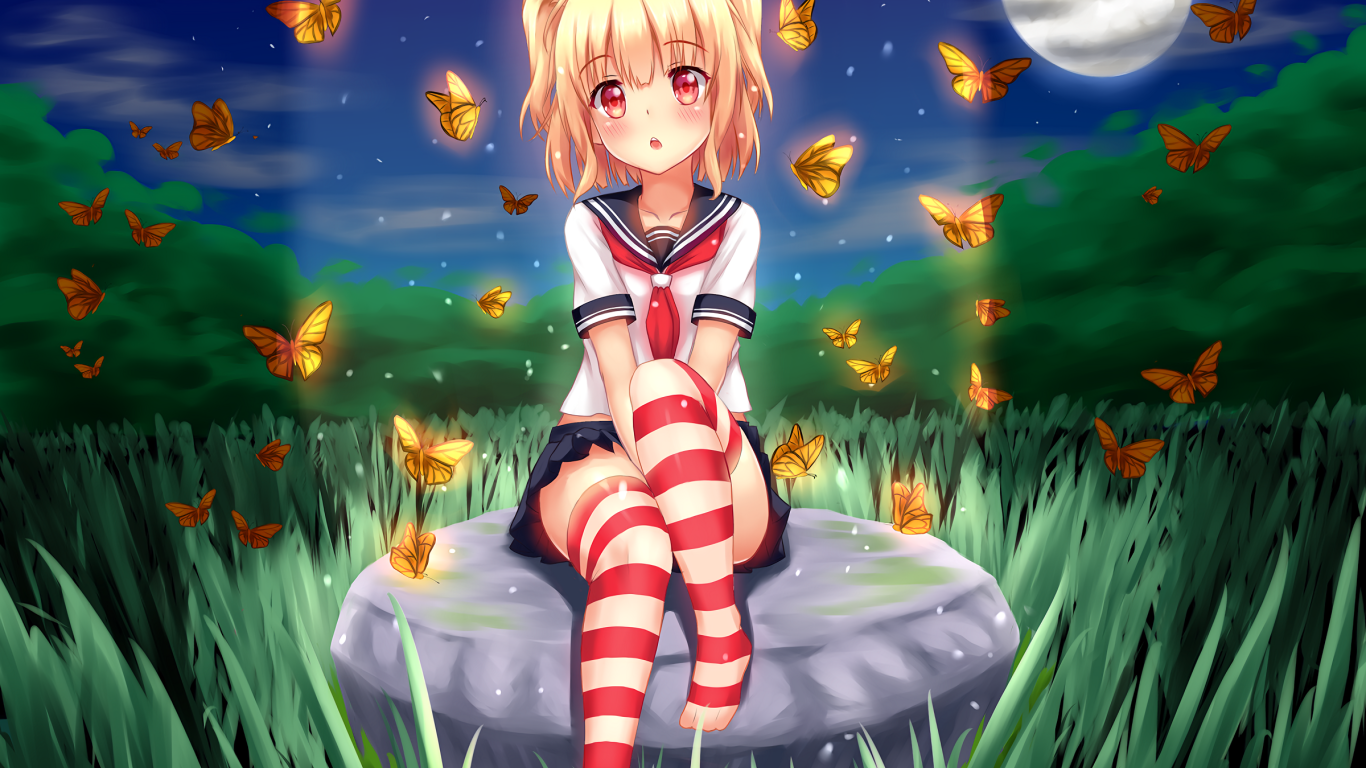 Девушка аниме с бабочками при свете луны 