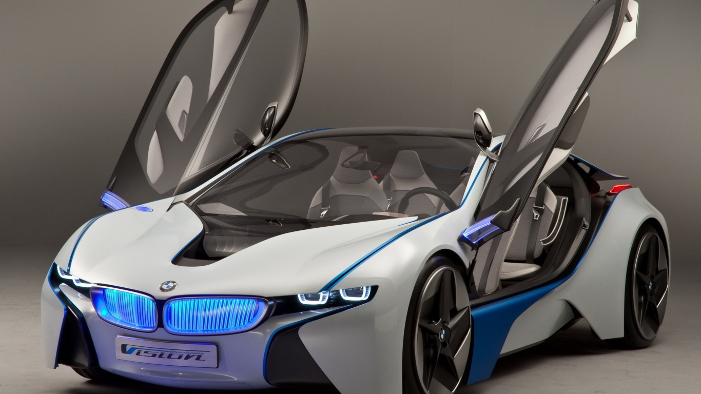 Спорткар BMW i8 с открытыми дверями 
