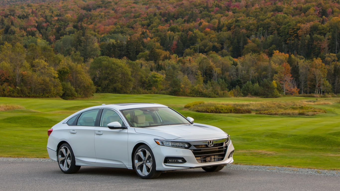 Белый автомобиль Honda Accord на фоне леса