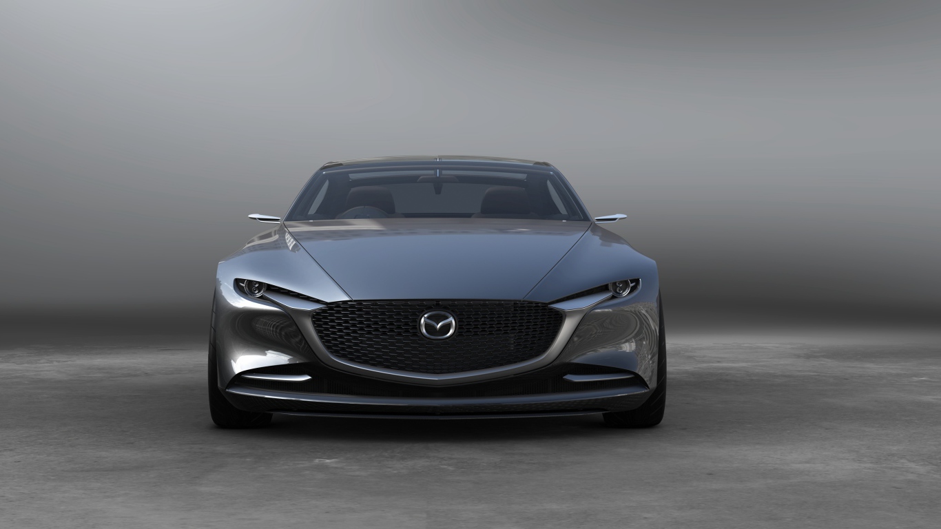 Серебристый автомобиль  Mazda Vision Coupe, 2017 вид спереди