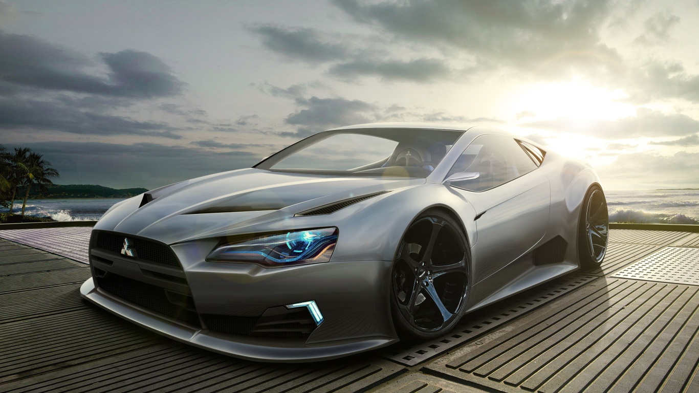 Серебристый автомобиль Mitsubishi в лучах солнца 