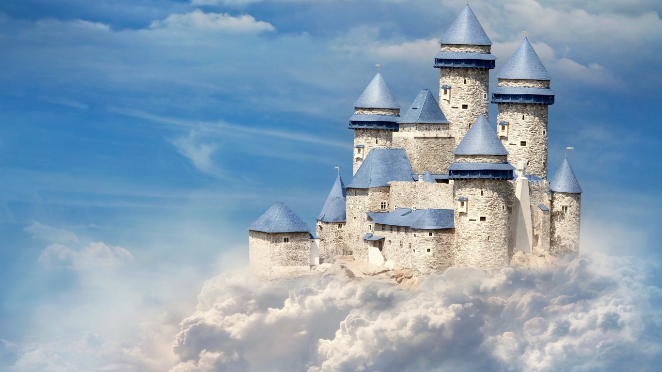 Замок на белых облаках в голубом небе 