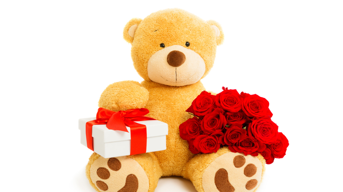 Большой плюшевый медведь с букетом красных роз и подарком