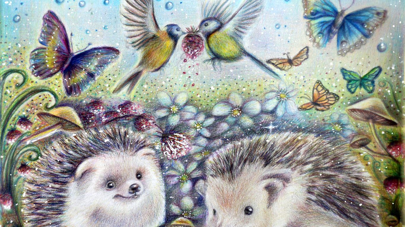 Нарисованные ежики с бабочками и птичками