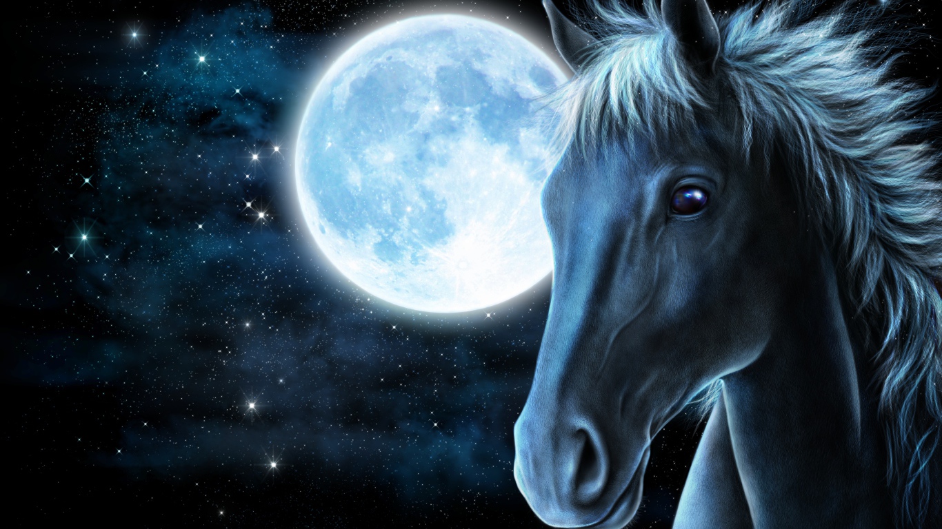 Нарисованная лошадь на фоне большой яркой луны