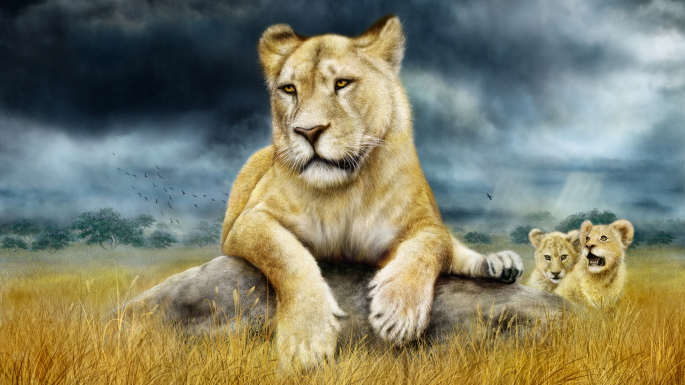 Painted lioness with little lions