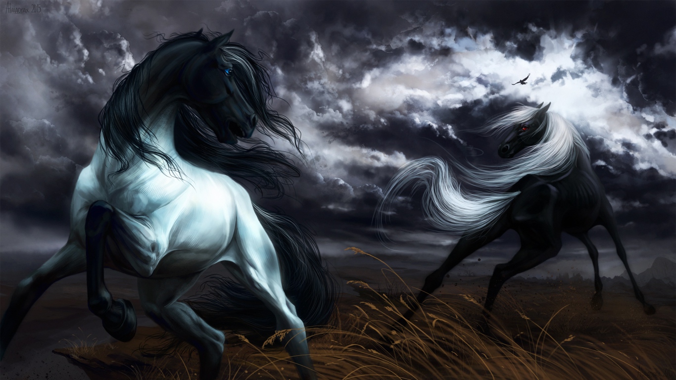 Two painted black horses jumping under a stormy sky
