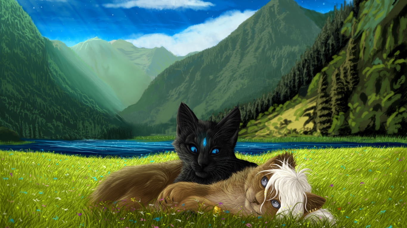 Две нарисованные кошки лежат на зеленой траве на фоне гор