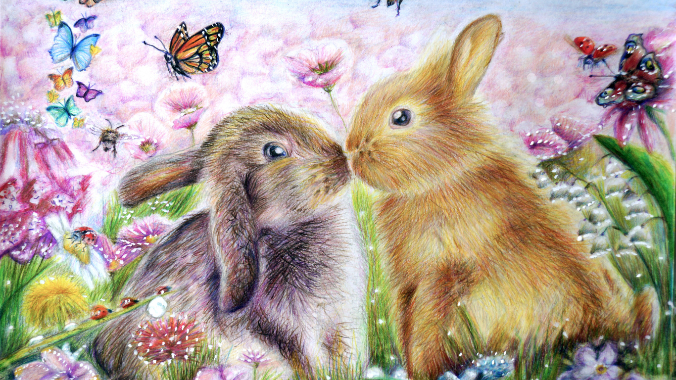 Два нарисованных кролика с бабочками