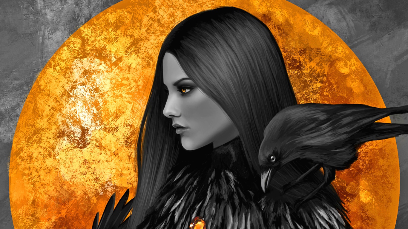 Девушка с желтыми глазами и вороном на плече на фоне большой луны 