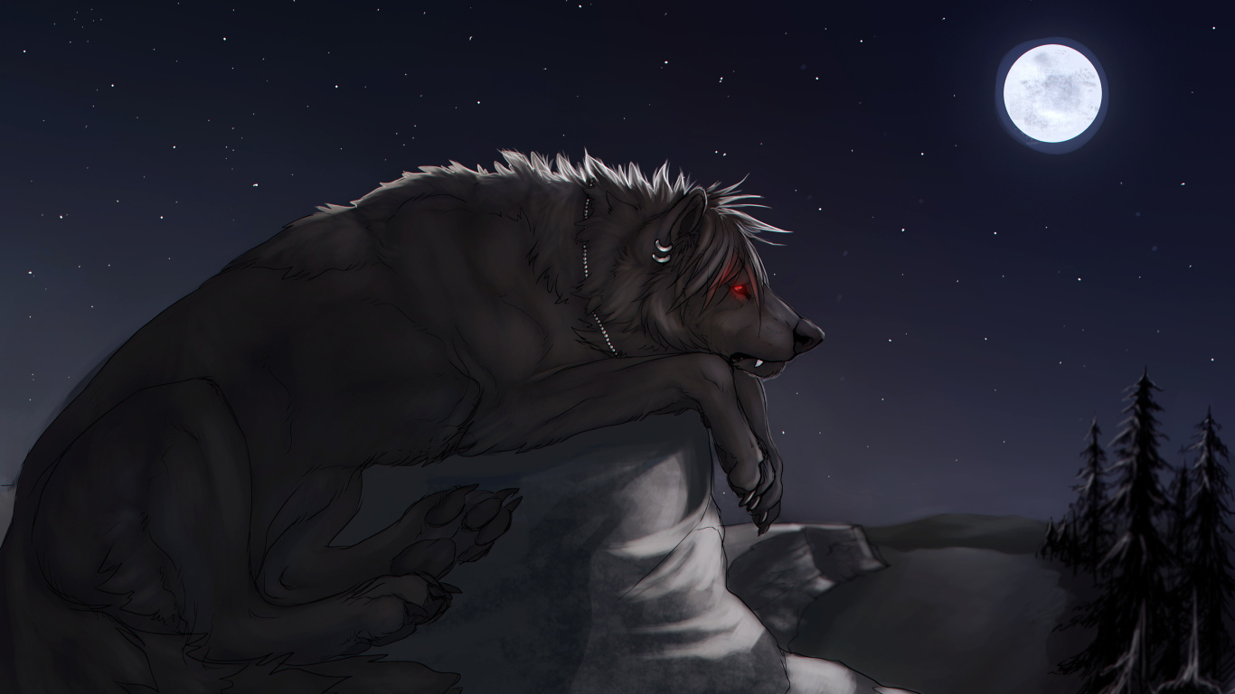 Большой черный волк на камне под луной