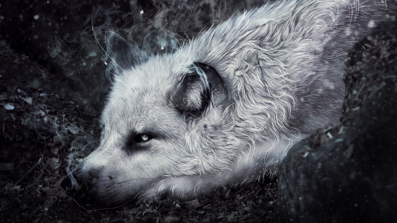 Фантастический волк лежит на земле