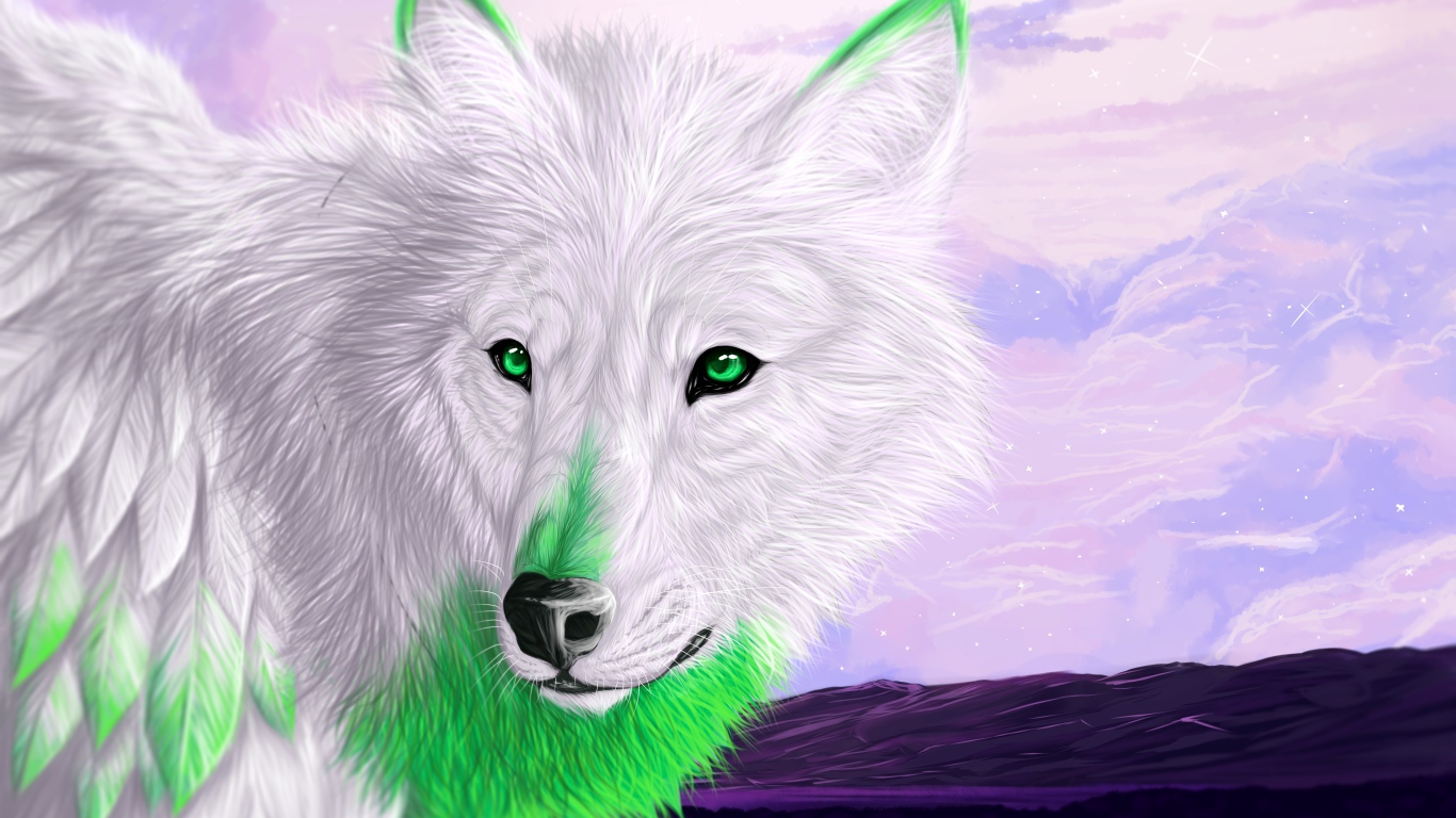 Белый волк с зелеными глазами