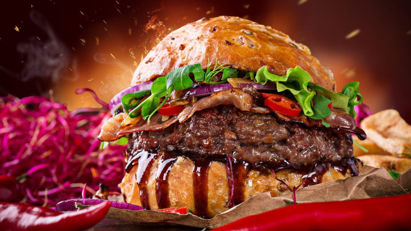 Аппетитный гамбургер с зеленью и острым перцем 