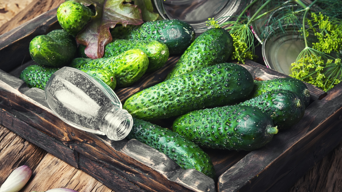 Свежие зеленые огурцы со специями на столе