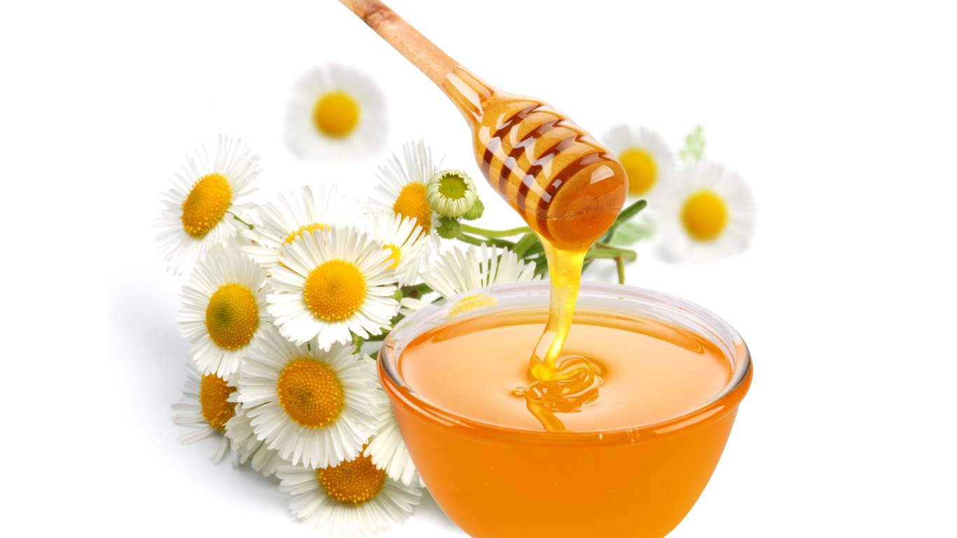 Мед на столе с цветами ромашки на белом фоне