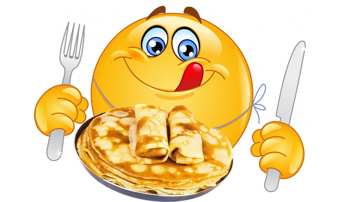 Смайлик с блинами открытка на Масленицу