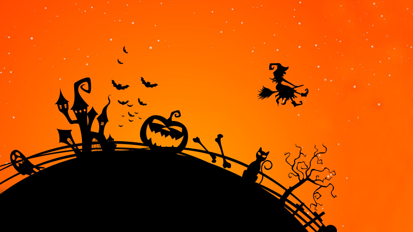 Черная тыква, замок и летящая ведьма на оранжевом фоне праздник Хэллоуин