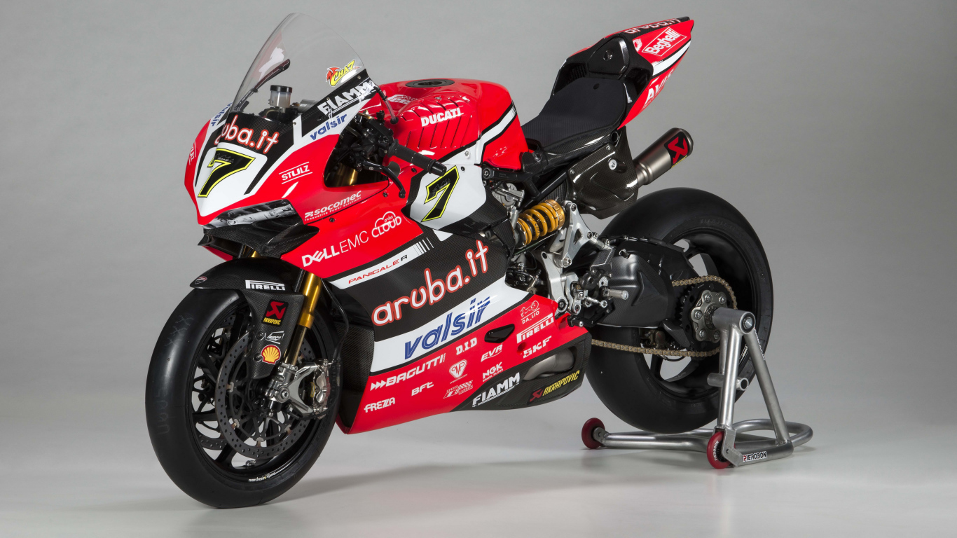 Красный мотоцикл Ducati Panigale R Superbike, 2017 на сером фоне