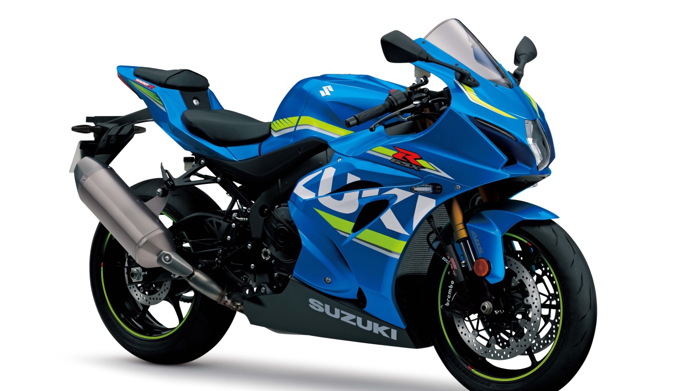 Синий мотоцикл Suzuki GSX-R1000, 2017 на белом фоне